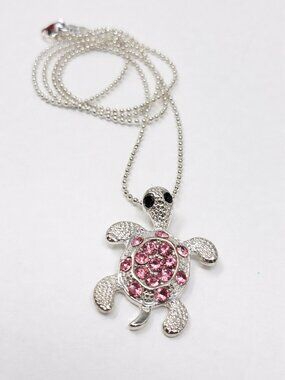 Silver Tone Pink Crystal Sea Turtle Pendant Necklace Rhinestone